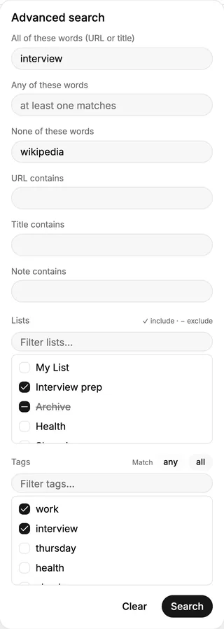 The Advanced search panel: six word fields — All of these words, Any of these words, None of these words, URL contains, Title contains, and Note contains — above a Lists checklist with one list ticked and one struck out, and a Tags checklist with two tags ticked and Match set to all. Clear and Search sit at the bottom.