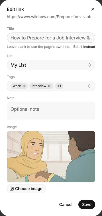 The Edit link dialog in the web app, with the link’s address under its heading. The Title box is empty and shows the page’s own title in grey, above a line that reads Leave blank to use the page’s own title. Below it are the link’s list, its tags, an empty Note box, and the image fetched from the page with a Choose image button, then Cancel and Save.