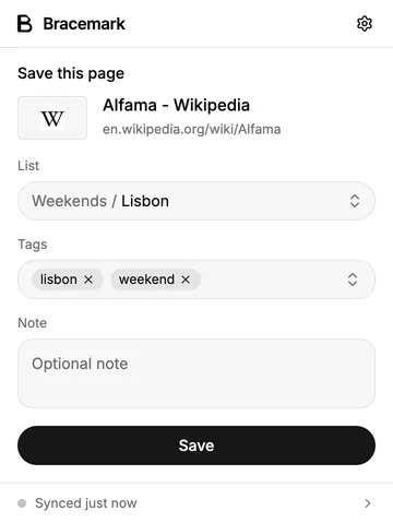 The browser extension’s popup over a page that is not saved yet. Under Save this page are the page’s title and address, a List picker set to a nested list, a Tags picker holding two tags, an empty Note field, and a Save button. The last line reads Synced just now.