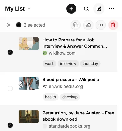 The web app on a narrow screen with selection on. Under the My List title, a bar reads 2 selected, with a close button and a select-all box before it and four icon buttons after it: copy, move, more actions, and remove. Every link has a tick box, and the first and third are ticked.