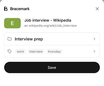 Bracemark’s share screen on an iPhone. Under the Bracemark name are the shared page’s title and address, a row showing the chosen list, a row showing three chosen tags, and a Save button.